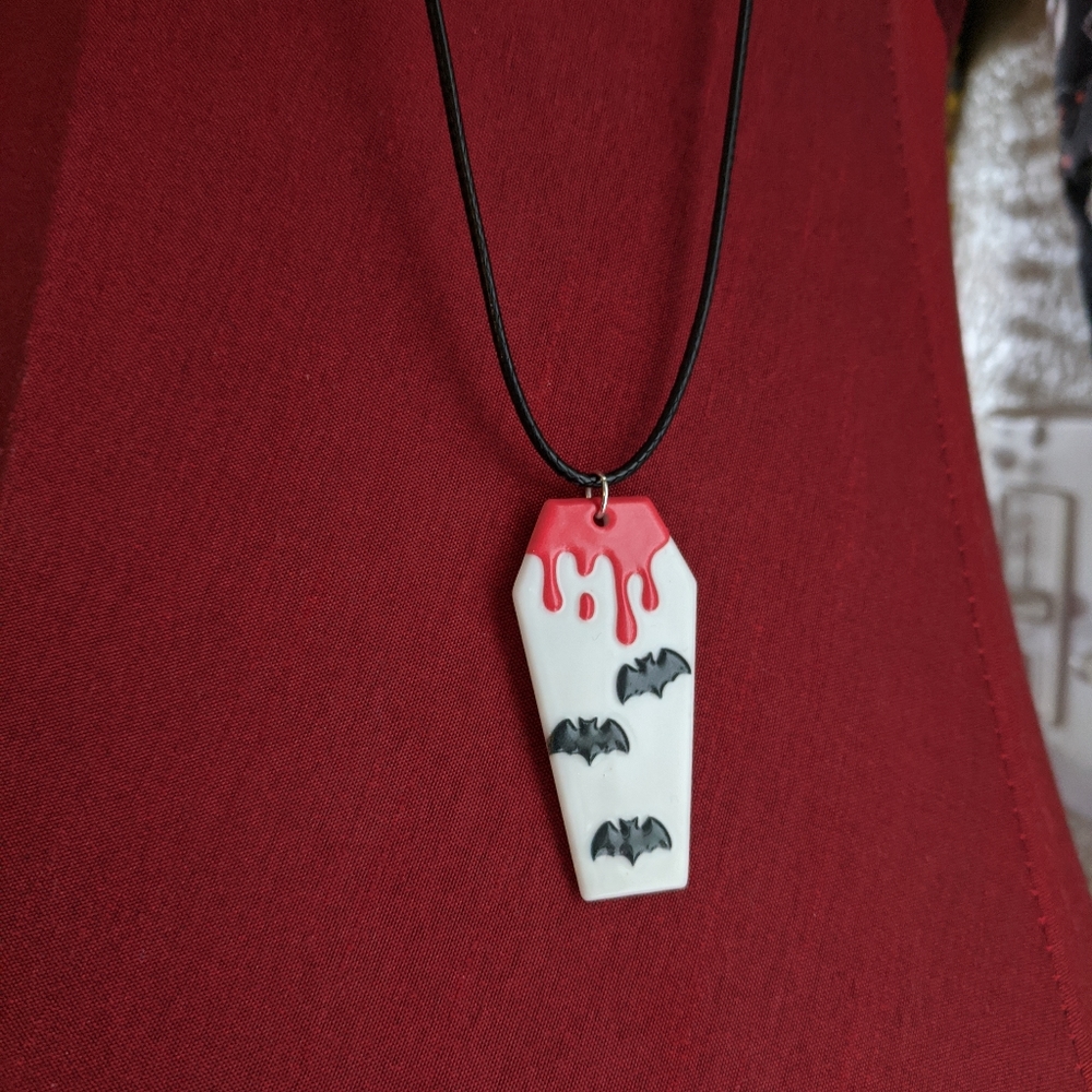 Coffin Shaped Bat Blood Drip Necklace